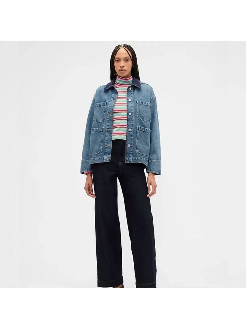 Gap Happy Stripe Ribbed Colorful Turtleneck T-Shirt NWOT L Rainbow Stripes - Picture 3 of 6
